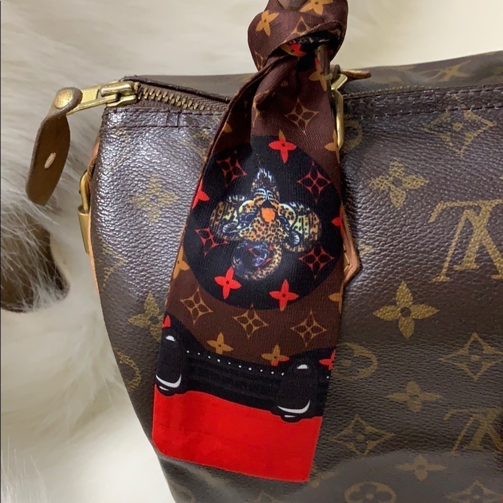 Brown & Red Flower Monogram Leopard Scarf Twilly​​​ - Picture 3 of 8